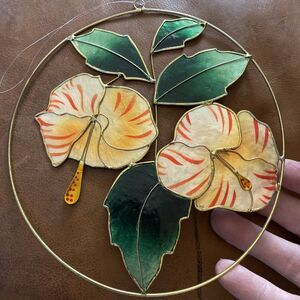 Vintage Capiz Shell Hand Painted Brass Sun Catcher Hawaii Hibiscus